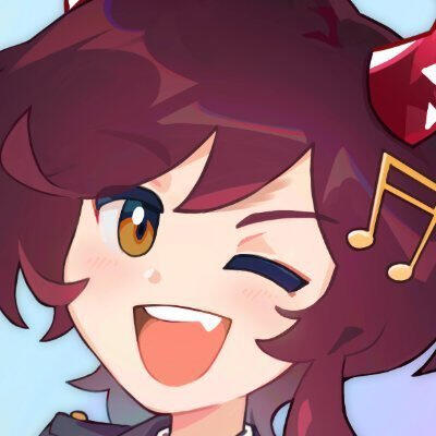 An anime styled person with short, burgundy hair and brown eyes. Clipped into their hair is a golden musical note. They wink at the camera with a toothy, open mouthed smile.