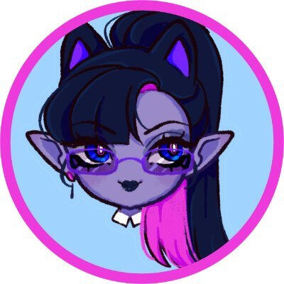 A headshot of a character with purple skin and deep blue eyes. They have long black hair tied up into a high ponytail and bangs covering half of their forehead. They wear a singular earring on their elflike ears, and purple glasses.