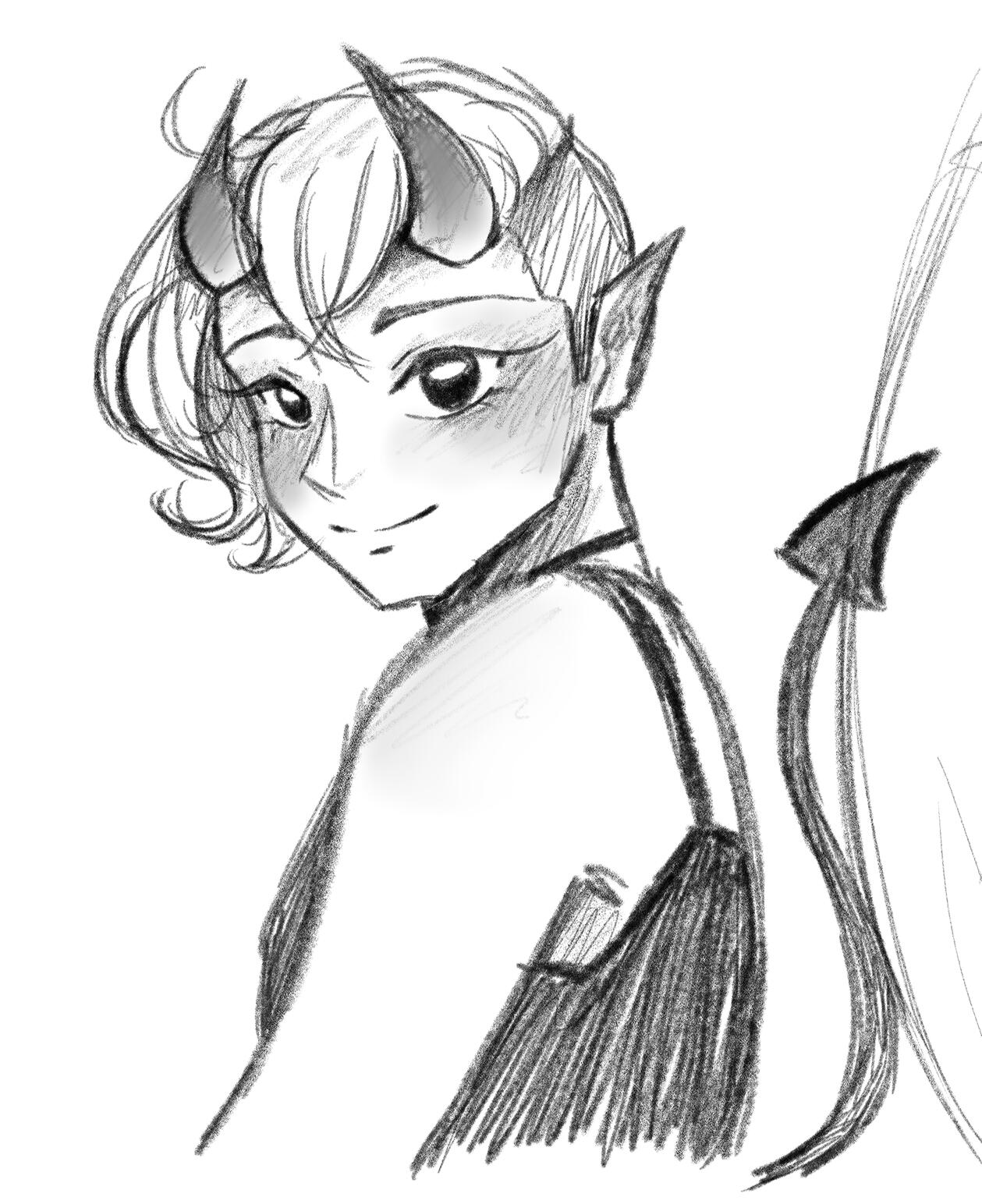 A digital sketch sheet in a semi-anime style of a demon short, brown hair. Their left side is shaved close to the head, and two horns sprout from their forehead, pointing up. They're wearing a black crop top with spaghetti sleeves. Behind them is long tail