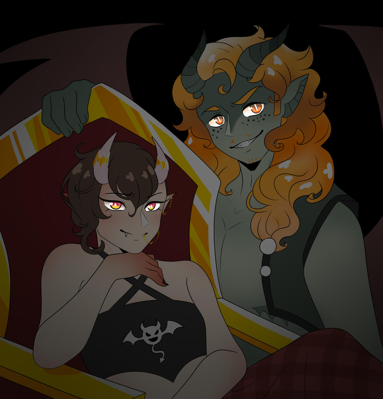A digital illustration in a semi-anime style of two inhumans. One is a demon with short, brown hair. Their left side is shaved close to the head, and two pale pink horns adorned in gold sprout from their forehead, pointing up. They're wearing a black crop