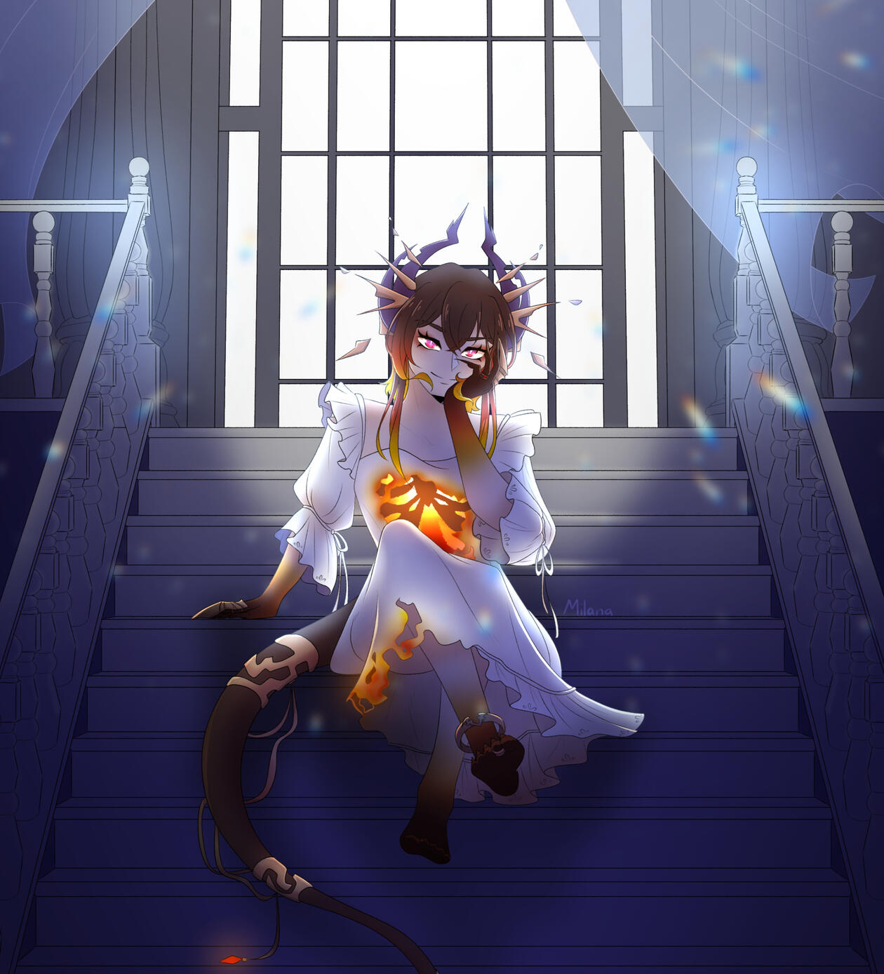 A character illustration in a semi-anime style. It's of a demon with short, brown hair with fiery tips and pale skin that fades into molten yellow, pink and then black towards the hands and feet. They're wearing an old, white Victorian nightgown that stops