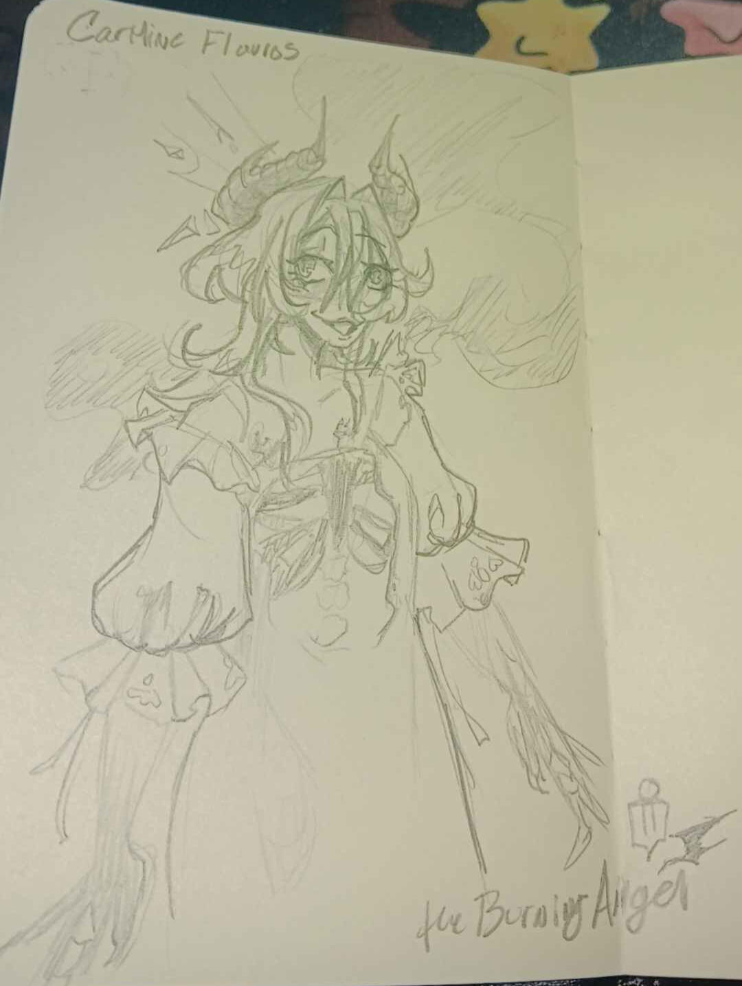 A pencil sketch of a demon with short hair and pale skin that darkens towards the hands and feet. They're wearing an old, white Victorian nightgown that stops a bit below the knee. The chest of the dress is burnt back - which reveals blackened ribs.