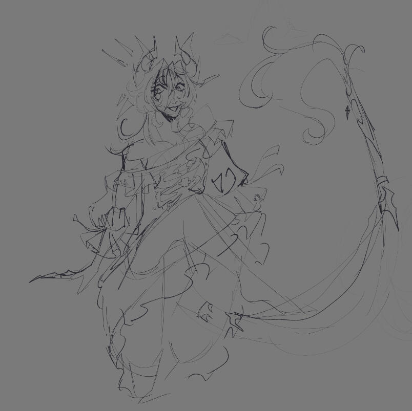 A digital character sketch of a demon with short hair with fiery tips and pale skin. They're wearing an old, white Victorian nightgown that stops a bit below the knee. The chest of the dress is burned back and charred - which reveals blackened ribs and a g
