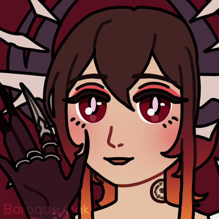A character bust of a demon with short, brown hair with fiery tips and pale skin that fades into molten yellow, pink and then black towards the hands and feet. They stare at you with red, slitted eyes and a blackened hand raised to the viewer, showing off