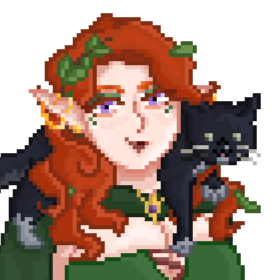 A smiling woman in a pixel art style She has light purple eyes and long, curly ginger hair. A black and grey cat is wrapped around her shoulders