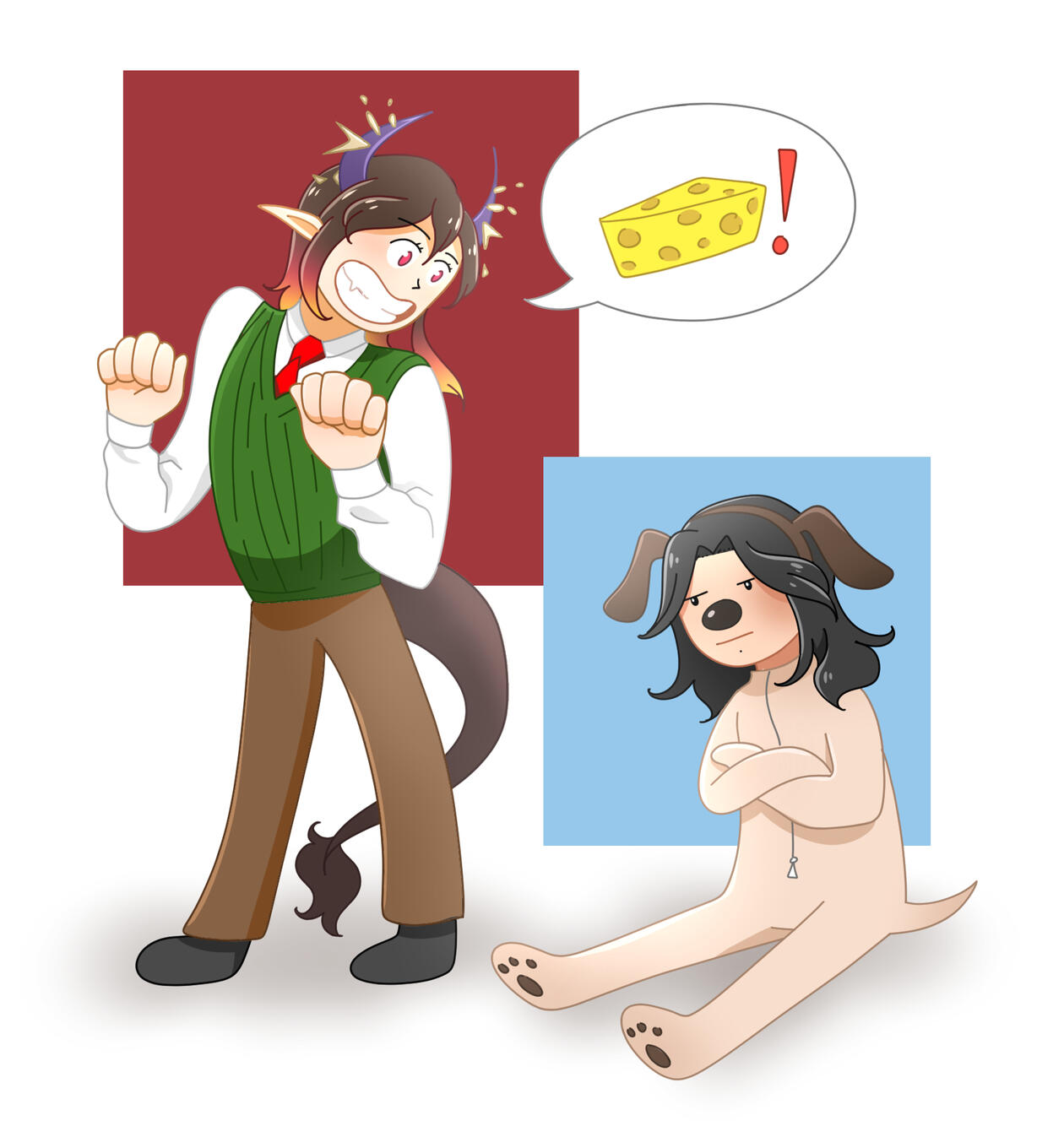 A character illustration in a cartoonish style of two people. One is a demon with short, brown hair with fiery tips. They are dressed as Wallace from the show "Wallace and Gromit". This consists of a white longsleeve shirt, green sweater vest, brown pants