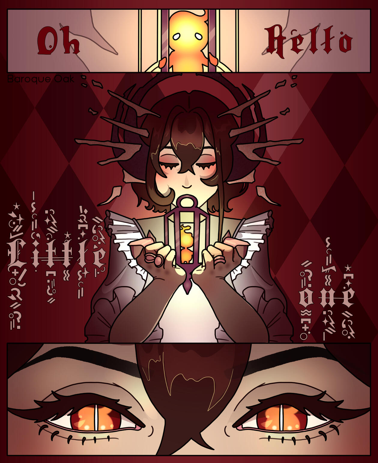 A digital three panel comic in a semi-realistic style. The first panel shows a small, wispy form trapped inside a cage with the words "Oh hello" written beside them. In the second panel there is a demon - eyes closed - with short, brown hair with fiery tip