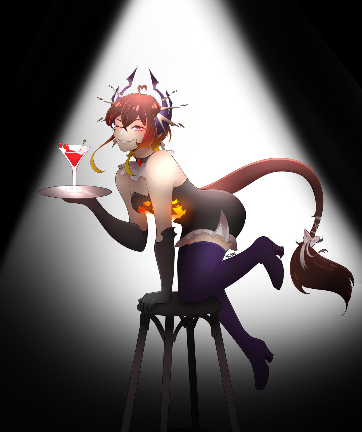 A character illustration sheet of a demon with short, brown hair with fiery tips. They're wearing a tight, black dress that stops at around the mid-thigh. The chest of the dress is burned back and charred, which reveals blackened ribs and a glowing chest c