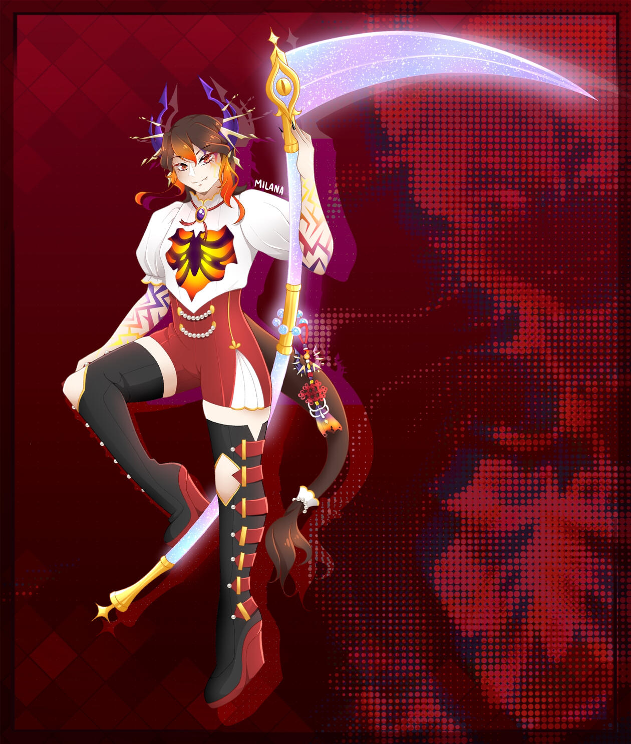 A character illustration sheet of a demon with short, brown hair with fiery tips. They're wearing an old, white, Victorian style shirt with puffy sleeves that are tucked into high waisted red shorts. The chest of the shirt is burned back and charred, which