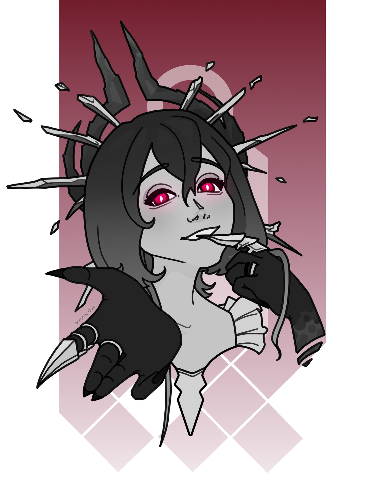 A character bust in monochrome of a demon with short, dark hair with light tips and pale skin that fades into black towards the hands. Their red, slitted eyes - the only colour in the image - stare into you, and a blackened hand is raised to beckon you