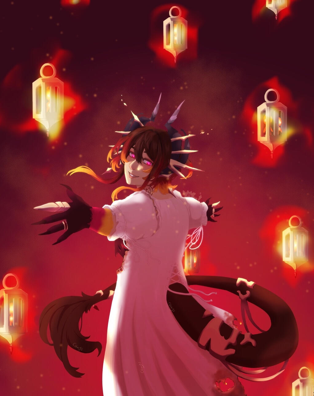 A character illustration in a semi-realistic style. It's of a demon with short, brown hair with fiery tips and pale skin. They're wearing a white Victorian nightgown, arms stretched wide as they stare at the camera over their shoulder