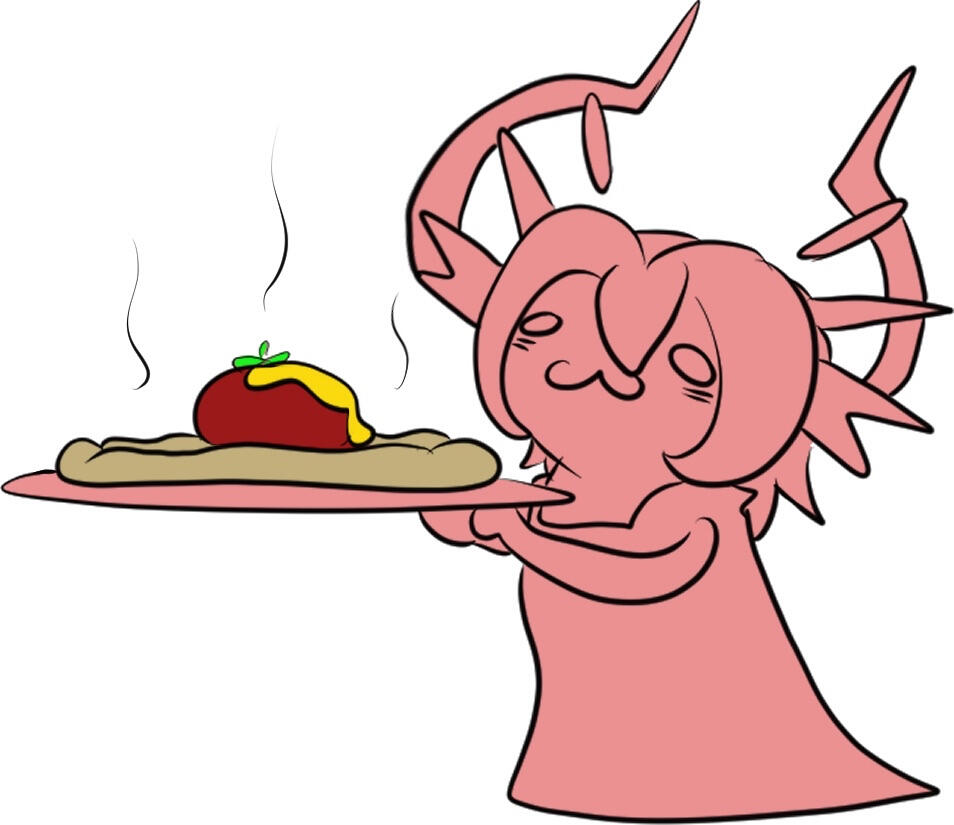 A doodle of a little demon with short hair and elaborate horns, wearing a long dress that touches the floor. They hold a large plate with a pizza crust and half a tomato placed on top.