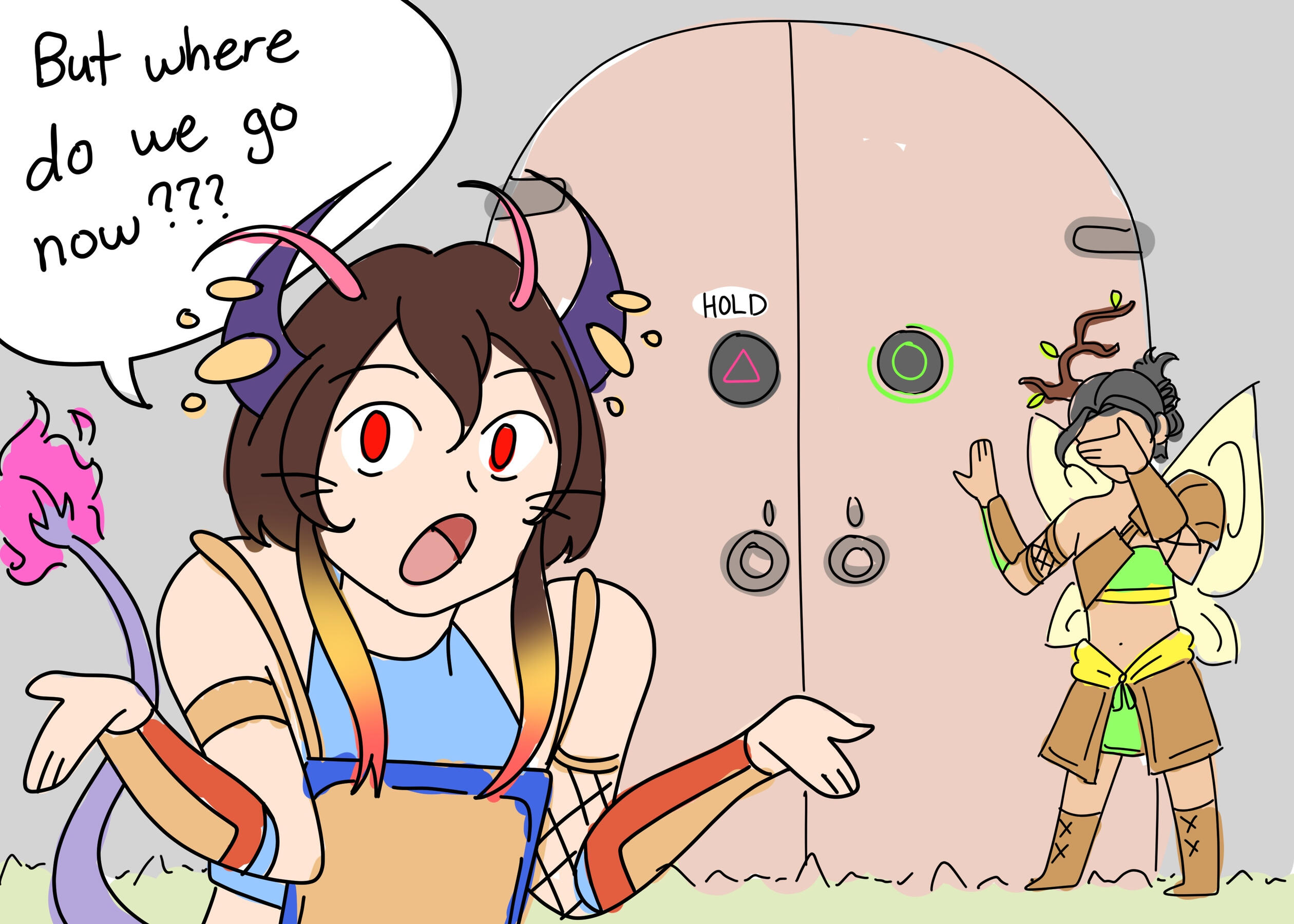 A doodle of two people in a cartoonish style. One has short, brown hair with fiery tips, the other with longer, black hair. The former looks into the camera asking "but where do we go now?" while the latter stands behind them at a door looking exasperated